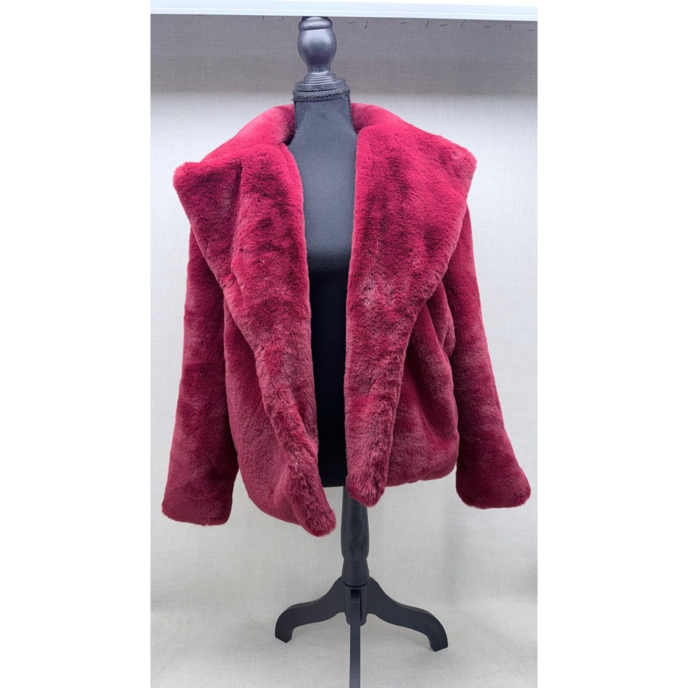 Camila Coelho Faux Fur Jacket Size Small Berry‎ Red Shawl Collar Coat Excellent